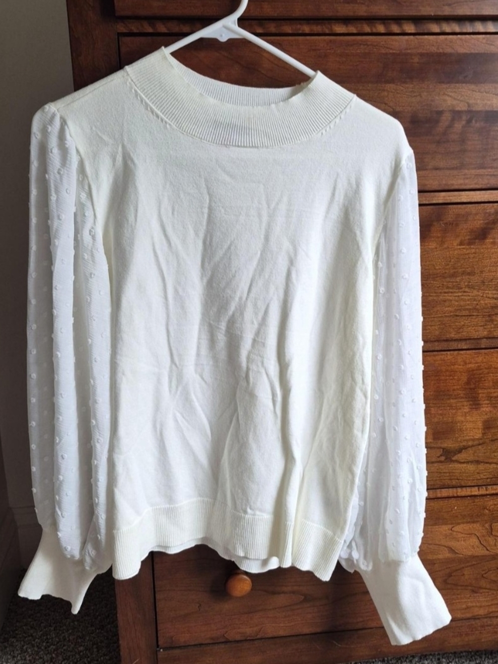 White Knit Sweater with Textured Sheer Sleeves